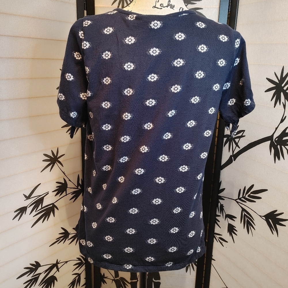 LOFT Navy Blue Floral Print Tie Sleeve Top Medium - Picture 3 of 7